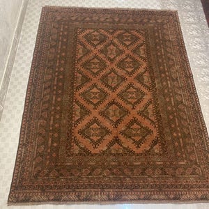 Vintage Afghan Wool Rug: Handwoven Earth Tones, Tribal Design (8.6 x 6.7 ft)