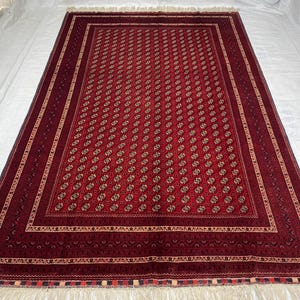 Handmade Afghan Bukhara Wool Rug: Vintage Style Red Carpet