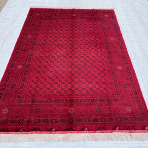 Large Afghan Wool Rug 9.4x6.4 ft – Handwoven Red Mouri Turkmen Carpet from Faryab – Vintage Style Oriental Tribal Wool Area Rug