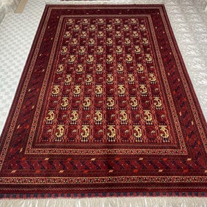 Afghan Turkmen Wool Rug, Handwoven Afghan Carpet, Wool area Rug 9.9x6.4 Ft., Red Woven area Rug, Vintage Style Wool Rug, Tribal Handmade Rug