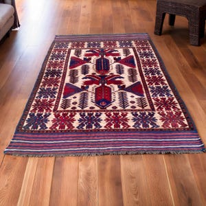 Afghan Vintage Wool Rug 6&#39;2&quot; x 4&#39;3&quot; Taimani Max Wool Rug | Hand Woven Ivory Area Rug | Exquisite Wool Carpet in Natural Tones . 374.99 . USD