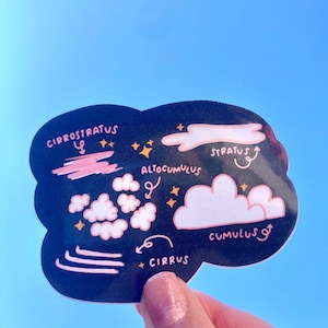 May include: A dark blue sticker with illustrations of different cloud types, including cirrostratus, stratus, altocumulus, cumulus, and cirrus. The sticker has pink and white cloud drawings with labels and arrows, and gold star accents.