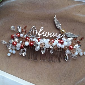 Harry Potter Wedding Hair Comb, Always Terracotta Bridal Headpiece, red, Silver Hair Piece, Deathly Hallows Wedding Jewelry