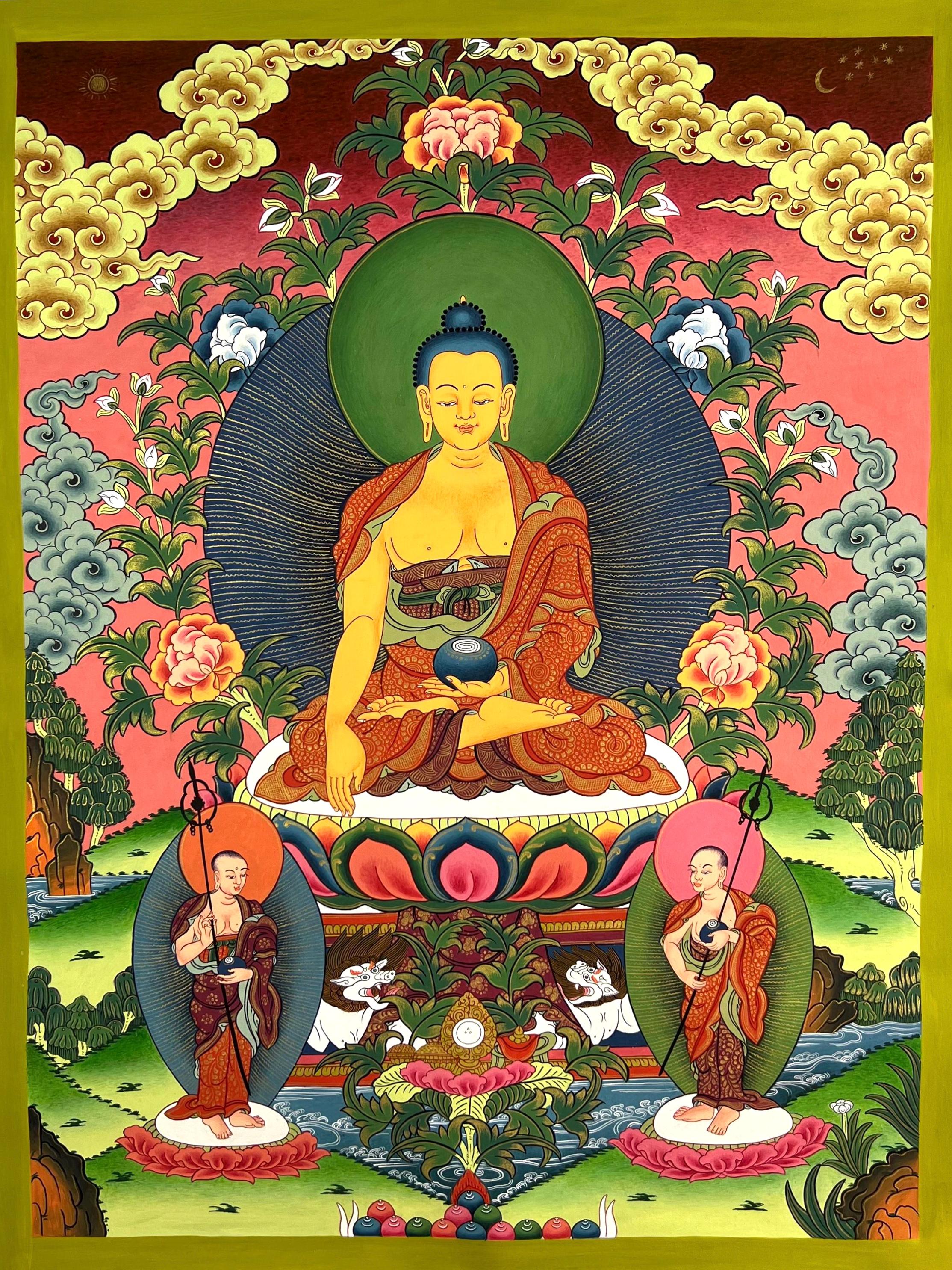 釈迦牟尼仏タンカ：手描きチベット美術、24K金、46 x 61 cm - Etsy 日本