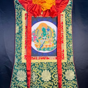 Green Tara Brocade Thangka: Tibetan Buddhist Painting, Spiritual Wall Art