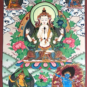 Chenrezig Thangka Painting – Avalokiteshvara Bodhisattva of Compassion Wall Art | Tibetan Buddhist Decor