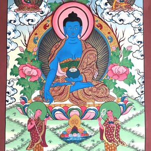 Medizin Buddha Thangka | Tibetanische Heilung Wandkunst | Bhaisajyaguru Handgemaltes buddhistisches Gemälde