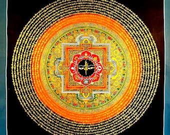Hand-Painted Mantra Mandala Thangka – Tibetan Buddhist Sacred Geometry for Meditation, Mindfulness & Spiritual Home Decor