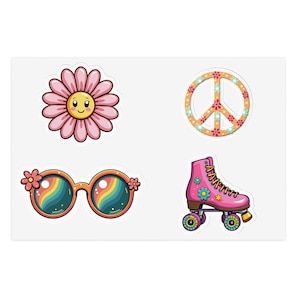Retro stickervellen, flowerpower, rolschaats, groovy zonnebril, vredesteken, op de jaren 60 en 70 geïnspireerde stickers, plakboekstickers, laptop
