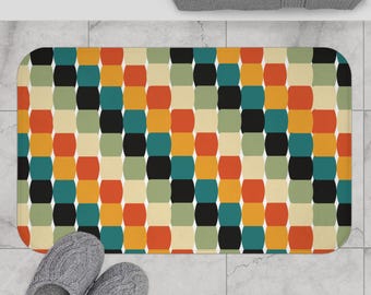 Retro Bath Mat, Vintage Bathroom Rug, Checkered Pattern, Non-Slip Shower Mat, Home Decor Accent
