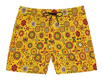 Retro Swim Shorts for Men | Mid-Length Floral Swim Trunks with Pockets | Lightweight Vintage Boho Beachwear for Summer