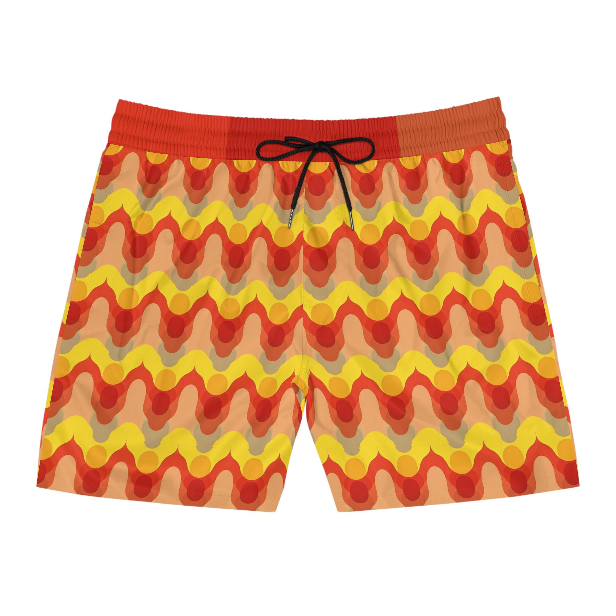 Retro Swim Shorts | Wavy Men’s 70s Vintage-Inspired Swimwear | Funky Mid-Length Beach Trunks with Pockets for Summer Fun