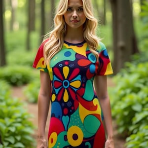 70s Flower Power T-Shirt Dress | Retro Psychedelic Festival Outfit for Women | Boho Summer Style