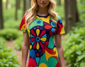 70s Flower Power T-Shirt Dress | Retro Psychedelic Festival Outfit for Women | Boho Summer Style