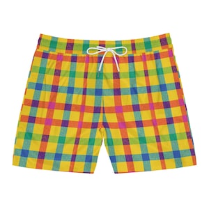 Men Retro Swim Shorts Checkered | Vibrant 80s-Inspired Plaid Summer Trunks with Inner Mesh Brief and Pockets