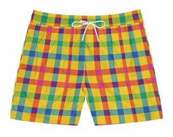 Men Retro Swim Shorts Checkered | Vibrant 80s-Inspired Plaid Summer Trunks with Inner Mesh Brief and Pockets