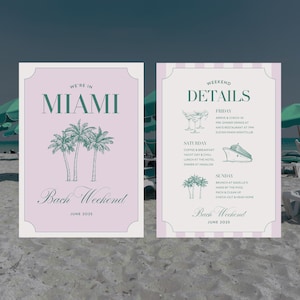 Itinerario (fronte e retro) - Itinerario weekend addio al nubilato a Miami, Florida - Itinerario addio al nubilato a Miami, modello digitale 5x7 (Canva)