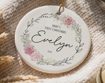 Aesthetic Rose Embroidered Design 1st Christmas Ornament, Customizable Baby's First Christmas Keepsake, Baby Shower Gift Ceramic Ornament