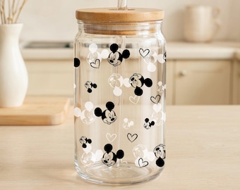 Cute Hearts Design Iced Coffee Cup, Cartoon Inspired Can Glass Tumbler, Kids Smoothie Cup, Aesthetic Drinkware Gift