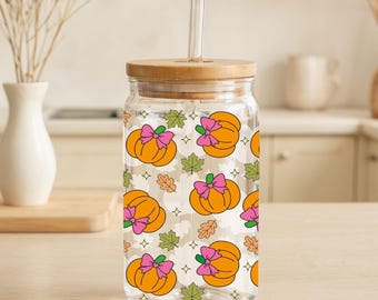 Aesthetic Pumpkins With Coquette Can Glass Tumbler, Fall Season Pumpkin Spice Latte Glass Drinkware, Cute Autumn Design Girls Smoothie Cup