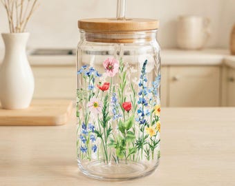 Colorful Wild Flowers Can Glass Tumbler, Cottage Core Eco Friendly Cup, Cute Summer Ice Coffee Cup, Nature Lovers Bamboo Lid Glass Cup Gift
