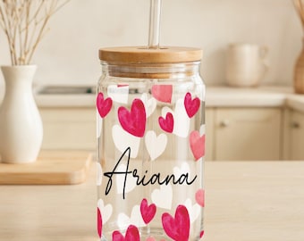 Custom Name Iced Coffee Cup, Hearts Printed Reusable Can Glass, Valentine's Day Gift Bamboo Lid Tumbler With Straw, Cute Eco Friendly Cup