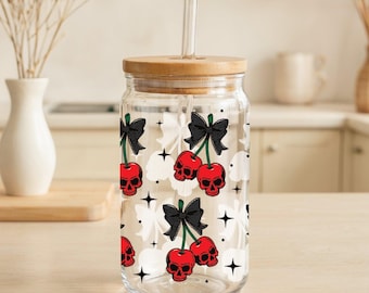 Cherry Skulls Can Glass Tumbler, Gothic Halloween Party Beer Can Glass, Aesthetic Spooky Season Gift Iced Coffee Cup, Spooky Kids Cup