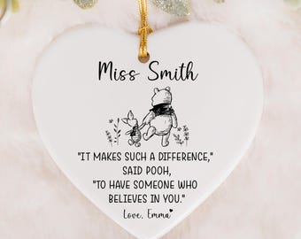 Disney Winnie The Pooh Customizable Ornament, Teacher Thank You Gift, Heart Keepsake with Quote, End of Term Teacher Appreciation Ornament