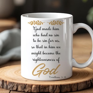 Bijbel Korinthiërs 5:21 keramische mok, koffiekopje vers schrift, christelijke inspirerende theekop cadeau, aardewerk beker gods woorden, christelijke mok