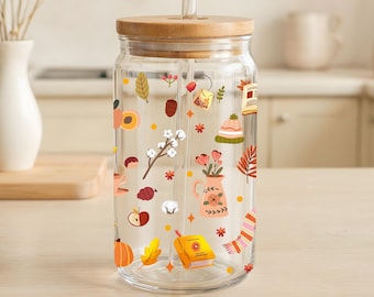 Cozy Fall Aesthetic Can Glass Tumbler, Autumn Vibes Bamboo Lid Cup, Pumpkin Spice Iced Coffee Cup, Fall Lover Gift, Thanksgiving Drinkwares
