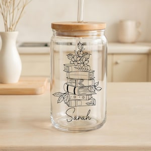 Personalized Cottage Core Theme Bookish Can Glass Cup, Floral Line Art Reader Iced Coffee Cup, Matching Book Club Gifts, Cozy Bookworm Gift