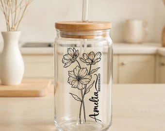 Anpassad namnfödelseblomma i glas, blommig brudtärnepresent, estetisk födelsedagspresent till henne, möhippa, bröllopspresent