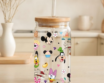 I'd Rather Be at Theme Park Can Glass Tumbler, Colorful Cartoon Character Drinkware, Kids Fun Cup, Vacation Fans Glassware Gift