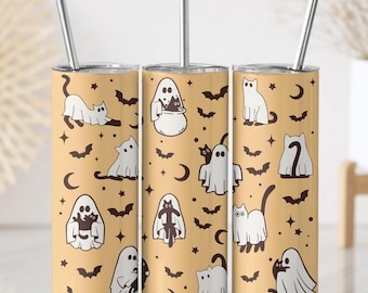 Halloween Ghost Cat Theme Insulated Tumbler, Spooky Season Cute Black Cat And Bats Tumbler, Pumpkin Season Cat Lover Gift Tumbler With Straw