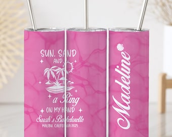 Sun Sand And A Ring On My Hand Tumbler With Straw, Customizable Beach Bachelorette Cups, Matching Bridal Party Favors, Bridesmaids Gift