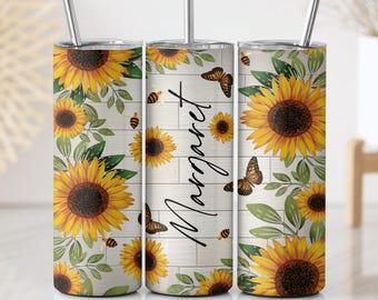 Personalized Sun Flower Inspired Stainless Steel Mug , Cottagecore Lover Insulated Tumbler, Custom Name Steel Water Bottle, Summer Drinkware