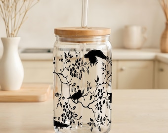 Dark Academia Crow Can Glass Tumbler, Gothic Raven Design Halloween Drinkware, Spooky Season Witchy Silhouette Cup, Halloween Party Gift