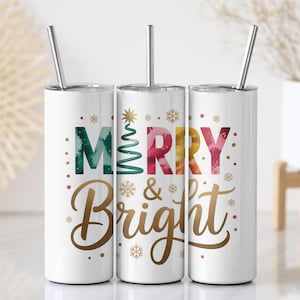 Colorful Merry & Bright Stainless Steel Tumbler, Funny Christmas Coffee Tumbler, Christmas Travel Tumbler With Straw, Aesthetic Xmas Cup