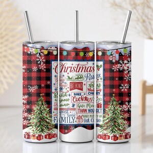 Buffalo Plaid And Christmas Design Tumbler With Straw, Stocking Stuffer Gift, Christmas Rules Insulated Cup, Winter Holiday Family Presents