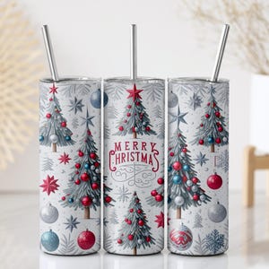 Merry Christmas Tumbler With Straw, Xmas Holiday Celebration Insulated Tumbler, Christmas Trees And Decors Stainless Steel Travel Tumbler