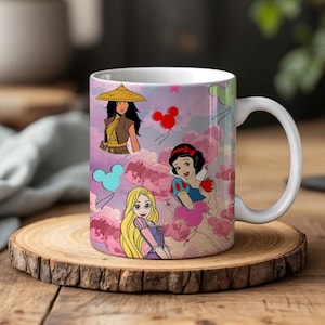 Disney Princess Mug, Disney Fan Gift, Sublimation Princess Lover Coffee Mug, Rapunzel Tea Cup, Snow White Pottery Mug, Mickey Balloon Mug