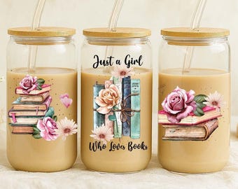 Just A Girl Who Loves Book Can Glass Cup, Floral Book Design Iced Coffee Tumbler, Cute Reading Lover Gift For Her, Book Worm Presents