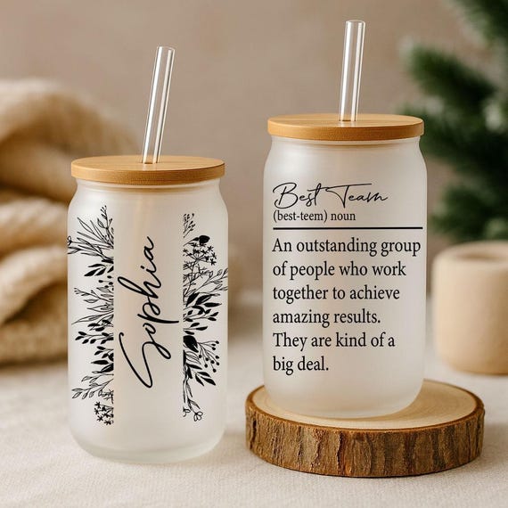 Personalized Best Team Can Glass Tumbler, Friend Group Matching Glass Cup,  Motivation Friends Iced Coffee Cup, Floral Reusable Can Glass