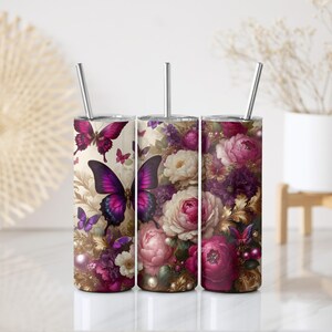 Vibrant Colors Flowers & Butterflies Tumbler With Straw, Aesthetic Nature Lover Gift Coffee Tumbler, Colorful Cottage Core Insulated Tumbler