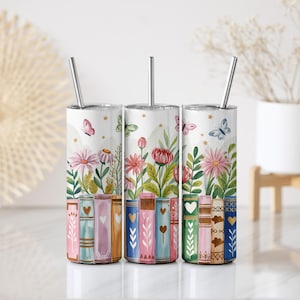 Aesthetic Flowers Butterflies And Hearts Design Bookshelf Tumbler, Colorful Cottage Core Book Lover Insulated Tumbler, Cute Bookworm Tumbler