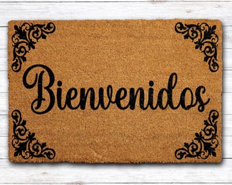 Bienvenidos Doormat, Elegant Spanish Welcome Mat, Cute Housewarming Gift, Latino Home Entrance Decor