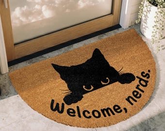 Welcome Nerds Doormat, Peeking Kitty Front Porch Rug, Funny Cat Welcome Mat, Black Cat Lover Home Decor, Humorous Housewarming Gift