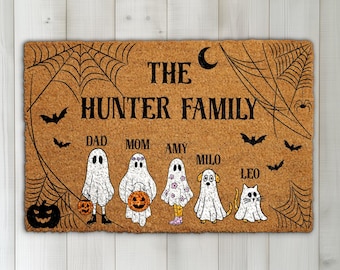 Personalized Halloween Doormat, Custom Family Name Welcome Mat, Spooky Family Home Decor, Fall Housewarming Gift, Trick or Treat  Door Mat