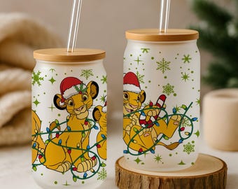 Simba With Santa Hat Design Can Glass Tumbler, Disney Christmas Lights & Snowflakes Iced Coffee Cup, The Lion King Holiday Gifts For Kids