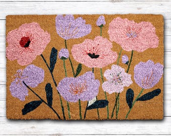 Poppy Flower Doormat, Floral Summer Home Decor, Garden Lover Welcome Mat, Colorful Wildflowers Front Porch Rug, Folk Art Housewarming Gift
